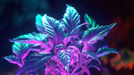 cannabis plant in neon light. marijuana leaves close up.の素材