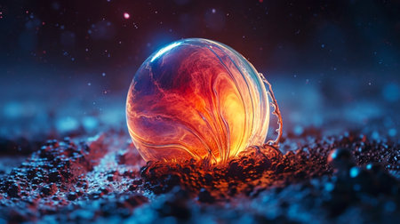 3d rendering of a crystal ball in the ground with dark backgroundの素材
