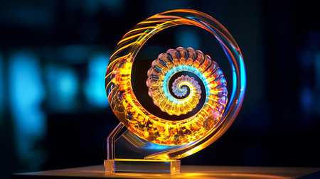 Nautilus shell in neon light on black background. 3d renderingの素材