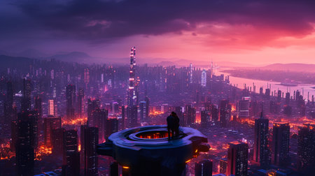 Businessman standing on top of the building and looking at the city.の素材