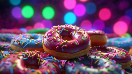 Glazed donuts with colorful sprinkles on bokeh backgroundの素材