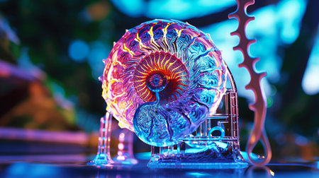 Nautilus shell in neon light. Nautilus shell is a giant seashell found in the ocean.の素材