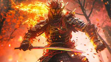 Samurai warrior with a sword and fire in the forest at nightの素材