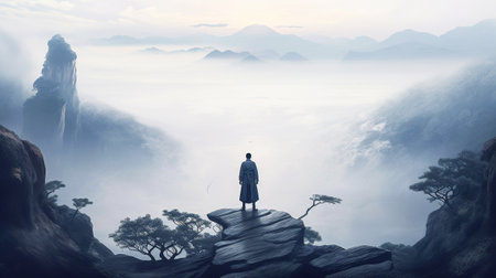 Businessman standing on top of a cliff and looking at the misty landscapeの素材