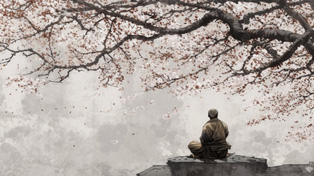 Buddhist monk sitting on a rock and looking at cherry treeの素材