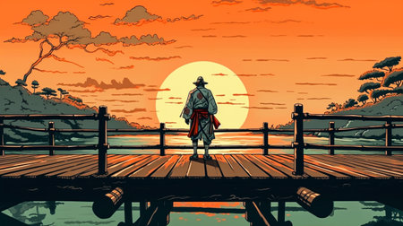 Illustration of a japanese man in kimono on the wooden bridge at sunsetの素材