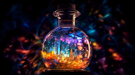Magic potion in bottle on fire background. Halloween concept. selective-focusの素材