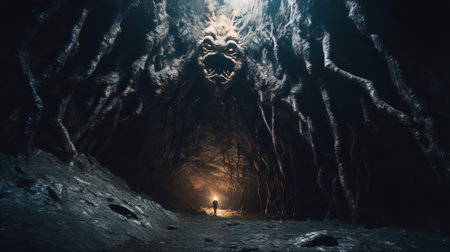 Man walking in a dark underground cave. Halloween concept. 3D Renderingの素材