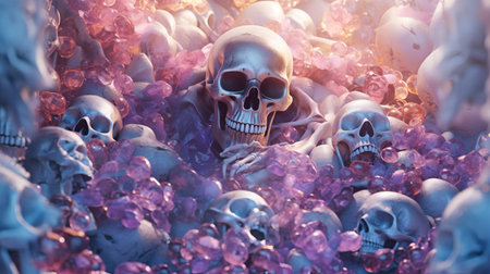 Skulls with pink flowers. Halloween background. 3d illustrationの素材