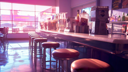 Interior of a bar with tables and chairs, toned imageの素材