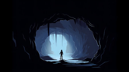 Silhouette of a man walking in a cave. illustrationの素材