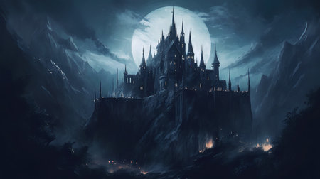 Fantasy scene with haunted castle and full moon. 3d illustrationの素材