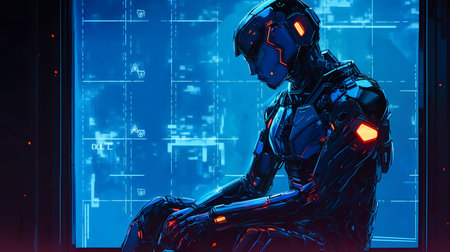 3d rendering of a female robot sitting in front of a blue backgroundの素材