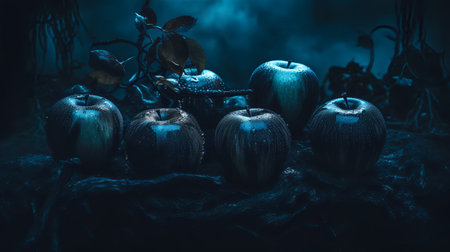 Still life of rotten apples in a dark forest. Halloween concept.の素材