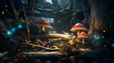Fantasy landscape with mushrooms in the forest. 3d rendering.の素材