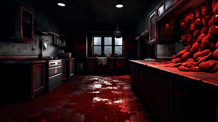 Bloody kitchen interior with blood on the floor, 3d renderの素材