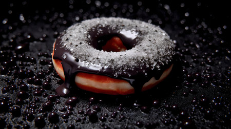 Donut with chocolate glaze on a black background with drops of waterの素材