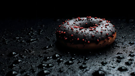 Donut with chocolate frosting and red sprinkles on black backgroundの素材