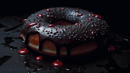 Donut with chocolate glaze on a black background. Toned.の素材