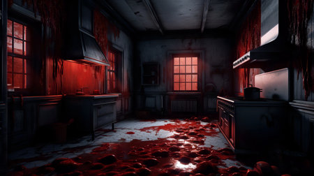 Horror scene with haunted house and blood on floor. halloween conceptの素材