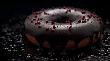 Donut with chocolate glaze on a black background with water dropsの素材