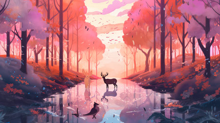Autumn forest landscape background with deer and boar, vector illustrationの素材