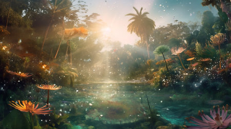 Beautiful fantasy landscape with water lily flowers and palm trees.の素材