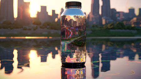 Bottle of water on the background of the city and sunset.の素材