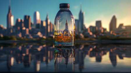 Bottle of whiskey on the glass table with cityscape background.の素材