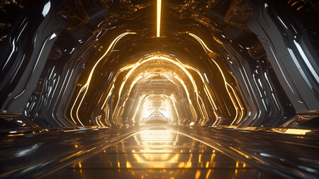 futuristic scifi tunnel corridor with nice reflections 3d rendering wallpaper backgroundの素材
