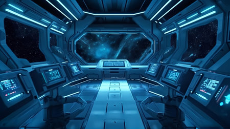 Spaceship interior with view on space and planets 3D renderingの素材
