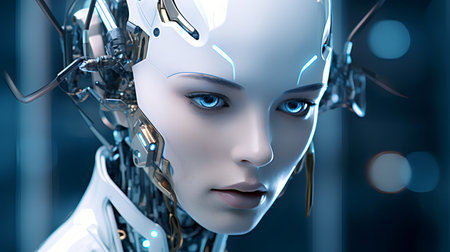 Cyborg woman face close up. 3D rendering. futuristic conceptの素材
