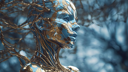 3d rendering of a female robot in a winter forest with snowの素材