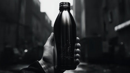 A man's hand holds a bottle of water. Black and white photo.の素材