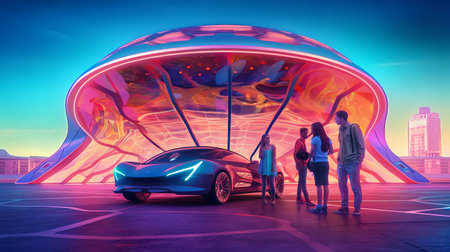 3d render of a car with people in the background at nightの素材