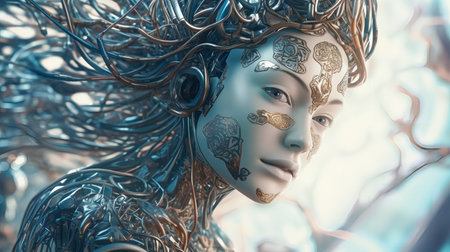 3d rendering of a female figure with fantasy hairstyle and maskの素材