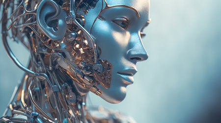 3D rendering of a female robot with a metal structure in the backgroundの素材