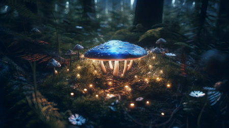 Magic mushroom in the forest at night. 3D Rendering.の素材
