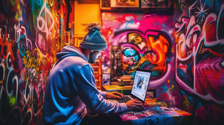 Hipster man working on a laptop in a night city streetの素材