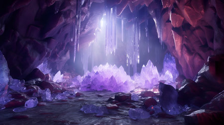 Fantasy cave with ice and stalactites. 3D renderingの素材
