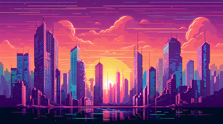 Cityscape with skyscrapers and river in neon style. illustrationの素材