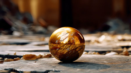Close-up of a marble ball on a wooden table in the darkの素材