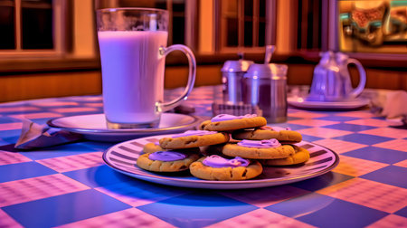 A plate of cookies and a glass of milk on a table in a cafeの素材