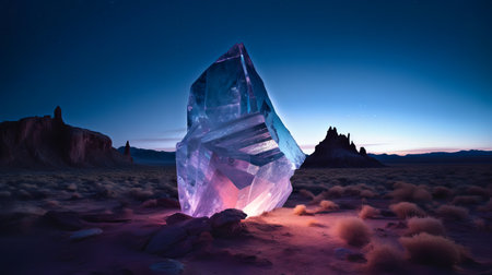 Ice cube in the desert at night. 3d rendering. Computer digital drawing.の素材