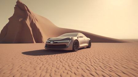 3D rendering of a brand-less generic concept car in the desertの素材