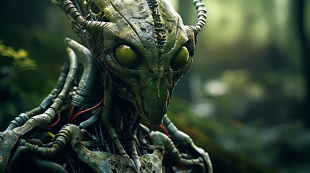 Fantasy alien creature in the dark forest. 3d rendering.の素材