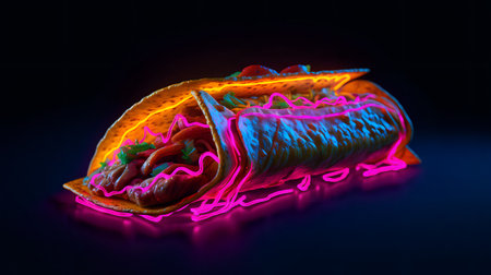 Tacos with neon light on a black background, close-upの素材
