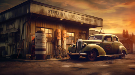 Vintage car in a gas station at sunset. 3d renderingの素材