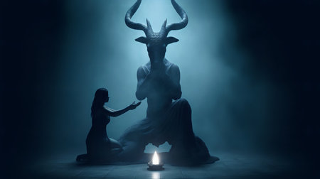 Silhouette of a man and a woman sitting in front of a candle in the darkの素材