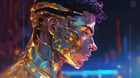 Cyborg woman portrait in futuristic cyberspace. 3D renderingの素材